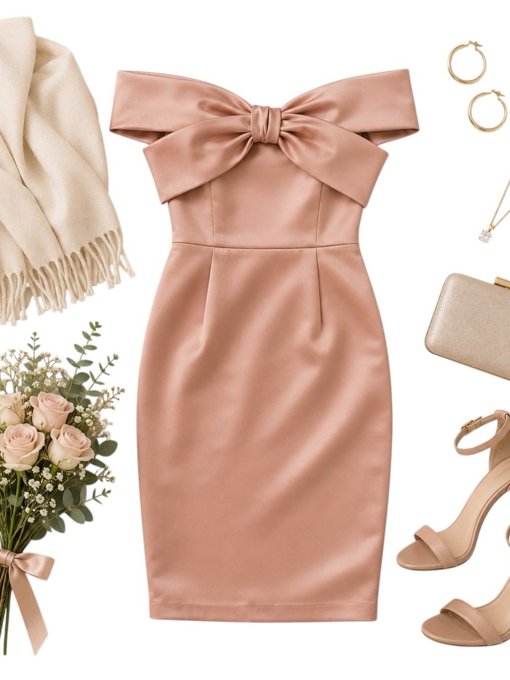 DK Frangoulis Dusty Rose Satin Bow Cocktail Wedding Guest Midi Dress EU44 ~US 8